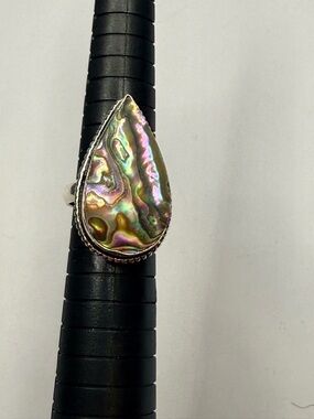 925 Abalone Teardrop Statement Ring - Iridescent Green Purple- size 7